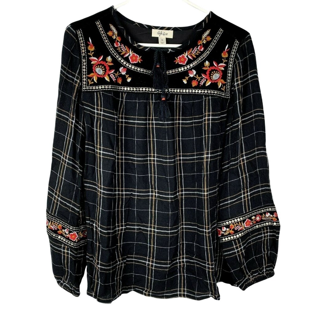 Style & Co Tunic Top Size Xs Peasant Boho Plaid Velvet Trim Tassel Ties Floral